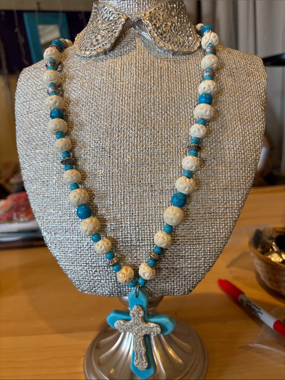 Turquoise and Ivory Cross Bead Necklace - Women Jewelry
